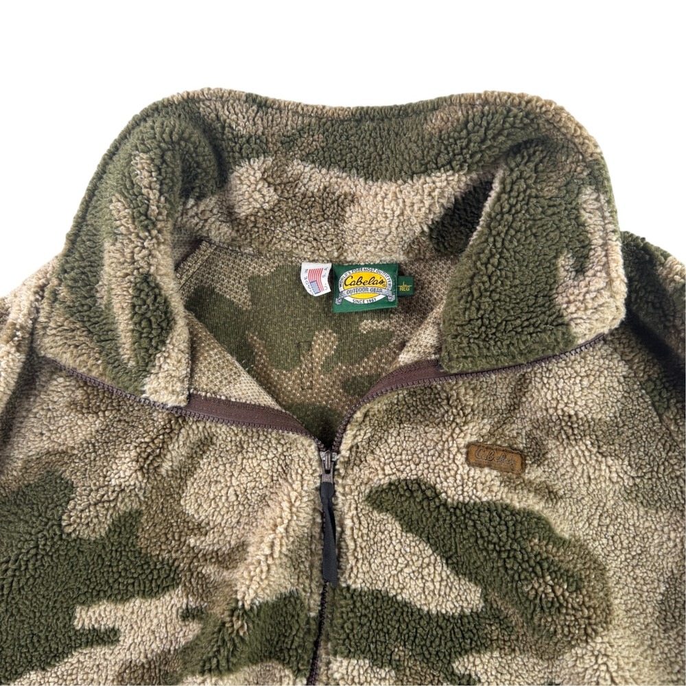 Vtg 90s Cabelas Camo Sherpa Fleece Jacket Mens L Deep Pile Bomber Made In USA